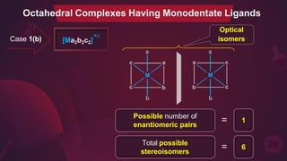 Case 1(b)
a
b
a
b
n±
[Ma2b2c2]
Possible number of
enantiomeric pairs
1
=
Octahedral Complexes Having Monodentate Ligands
Total possible
stereoisomers
6
=
Optical
isomers
 