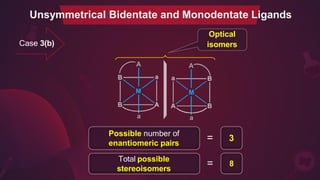 Case 3(b)
Possible number of
enantiomeric pairs
3
=
Unsymmetrical Bidentate and Monodentate Ligands
A
a
A
a
Optical
isomers
Total possible
stereoisomers
8
=
 