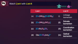 List I List II
(a) [Co(NH3)6][Cr(CN)6] (i)
Linkage
isomerism
[Co(NH3)3(NO2)3]
[Cr(H2O)6]Cl3
[CrCl2(ox)2]3−
Match List-I with List-II:
 