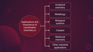 Biological
systems
Applications and
importance of
coordination
chemistry in Catalyst
Medicinal
chemistry
Other industrial
applications
Analytical
chemistry
Metallurgy
 
