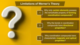 Why the bonds in coordination
compounds have directional
properties?
2
Why coordination compounds have
characteristic magnetic and optical
properties?
3
Why only certain elements possess
the remarkable property of forming
coordination compounds?
1
Limitations of Werner’s Theory
 