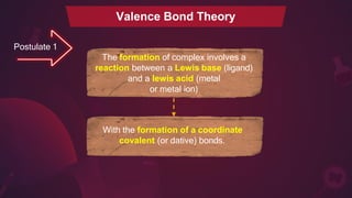 Valence Bond Theory
Postulate 1
The formation of complex involves a
reaction between a Lewis base (ligand)
and a lewis acid (metal
or metal ion)
With the formation of a coordinate
covalent (or dative) bonds.
 