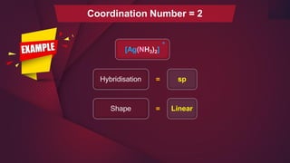Hybridisation sp
=
Shape Linear
=
+
[Ag(NH3)2]
Coordination Number = 2
 