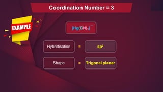 Hybridisation sp2
=
Shape Trigonal planar
=
_
[Hg(CN)3]
Coordination Number = 3
 