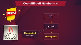 μex = 0
Diamagnetic
No unpaired
electron
VO
3
4
_
Coordifi6tiofi Number = 4
 