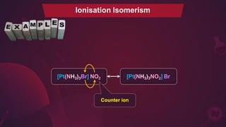 [Pt(NH3)3Br] NO2 [Pt(NH3)3NO2] Br
Counter ion
Ionisation Isomerism
 