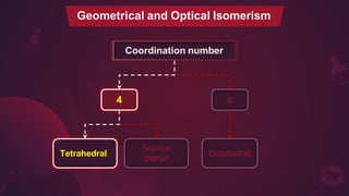 Coordination number
4 6
Tetrahedral
Square
planar
Octahedral
Geometrical and Optical Isomerism
 