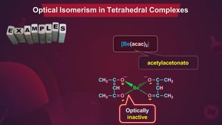 Optical Isomerism in Tetrahedral Complexes
Optically
inactive
[Be(acac)2]
acetylacetonato
─ ─
 