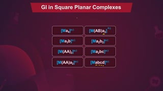 [M(AA)2]n±
[M(AA)a2]n±
[Ma4]n±
[Ma3b]n±
GI in Square Planar Complexes
[Ma2bc]n±
[Mabcd]n±
n±
[M(AB)a2]
[Ma2b2]n±
 