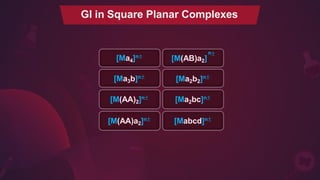 GI in Square Planar Complexes
[M(AA)2]n±
[M(AA)a2]n±
[Ma4]n±
[Ma3b]n±
[Ma2bc]n±
[Mabcd]n±
n±
[M(AB)a2]
[Ma2b2]n±
 