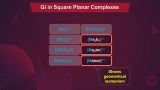 [Ma3b]n±
[M(AB)a2]n±
[M(AA)2]n±
[M(AA)a2]n±
[Ma4]n±
GI in Square Planar Complexes
[Ma2b2]n±
[Ma2bc]n±
[Mabcd]n±
Shows
geometrical
isomerism
 