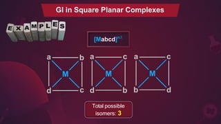 Total possible
isomers: 3
[Mabcd]n±
GI in Square Planar Complexes
 