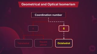 Geometrical and Optical Isomerism
Coordination number
4 6
Tetrahedral
Square
planar
Octahedral
 