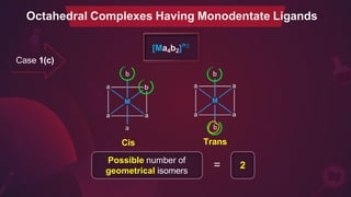 [Ma4b2]n±
b
a
Cis
b
b
Trans
Possible number of
geometrical isomers
2
=
Case 1(c)
Octahedral Complexes Having Monodentate Ligands
 
