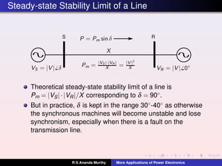 Steady-state Stability Limit of a Line
S R
Theoretical steady-state stability limit of a line is
Pm = |VS|·|VR|/X corresponding to δ = 90◦.
But in practice, δ is kept in the range 30◦-40◦ as otherwise
the synchronous machines will become unstable and lose
synchronism, especially when there is a fault on the
transmission line.
R S Ananda Murthy More Applications of Power Electronics
 