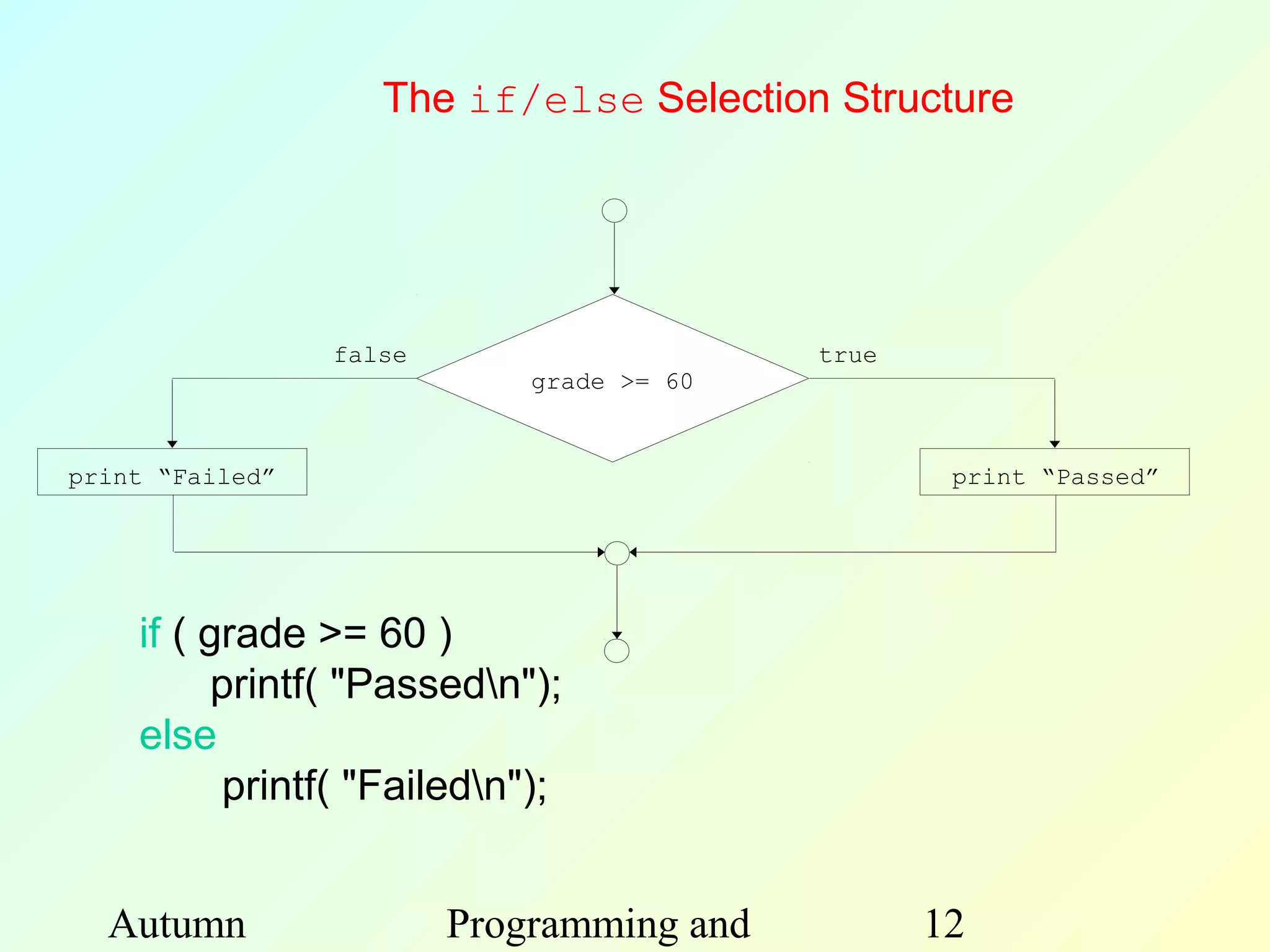 The if/else Selection Structure




                 false                     true
                             grade >= 60


print “Failed”                                     print “Passed”




    if ( grade >= 60 )
          printf( "Passedn");
    else
           printf( "Failedn");


  Autumn                 Programming and          12
 