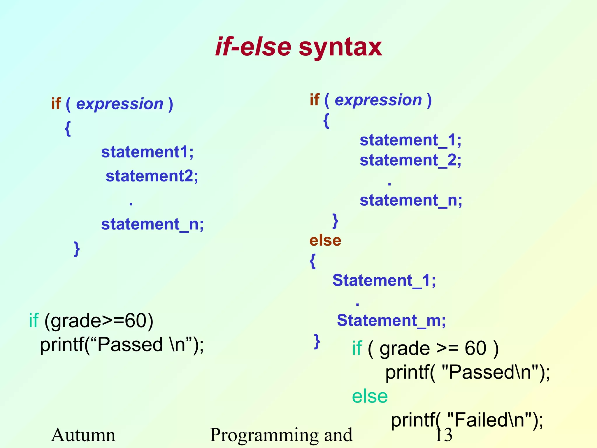 if-else syntax

  if ( expression )                  if ( expression )
     {                                  {
                                              statement_1;
          statement1;                         statement_2;
          statement2;                             .
              .                               statement_n;
          statement_n;                    }
       }                             else
                                     {
                                          Statement_1;
                                             .
if (grade>=60)                             Statement_m;
  printf(“Passed n”);                }
                                        if ( grade >= 60 )
                                              printf( "Passedn");
                                        else
                                               printf( "Failedn");
  Autumn                 Programming and             13
 