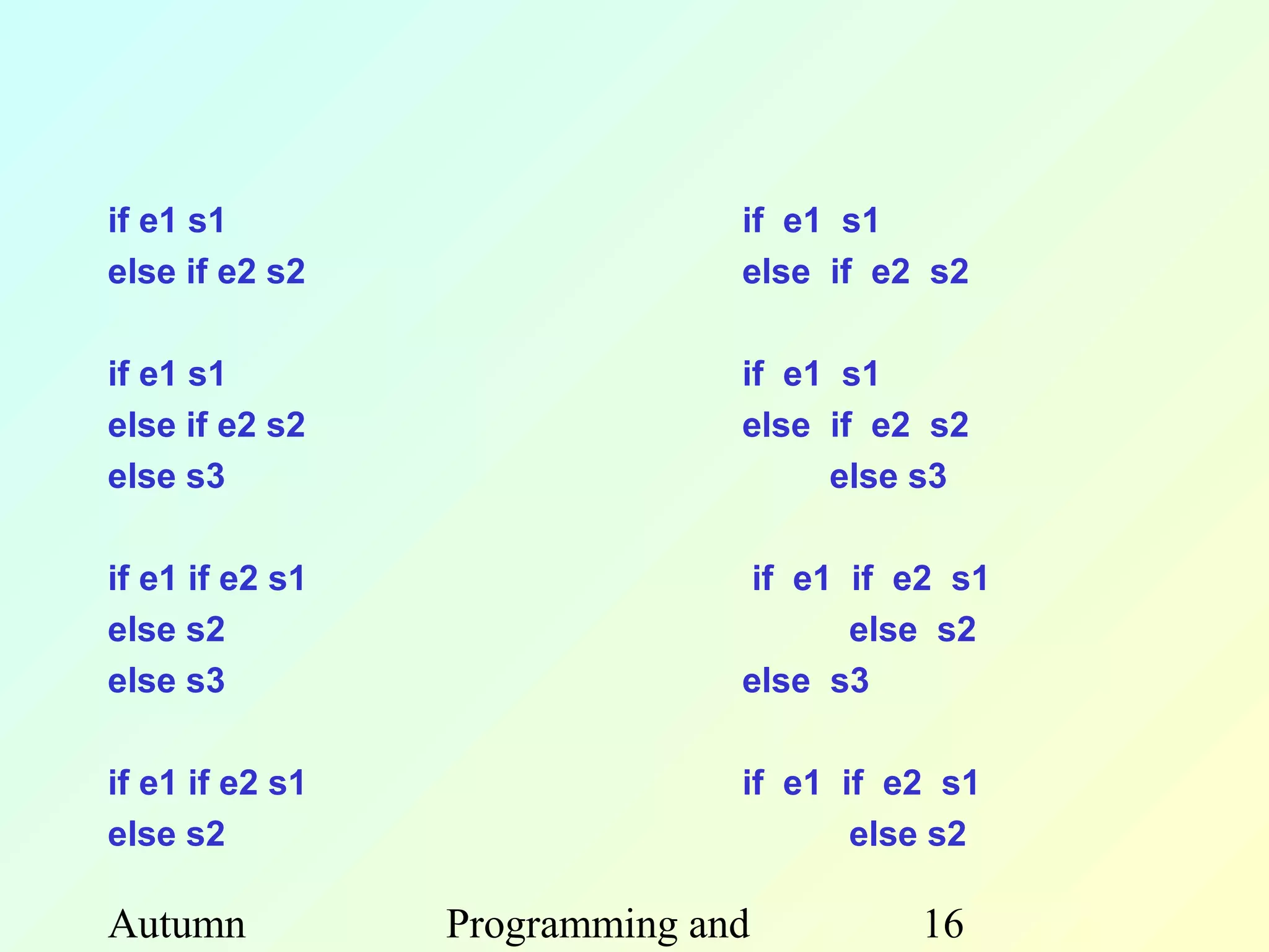 if e1 s1                       if e1 s1
else if e2 s2                  else if e2 s2

if e1 s1                       if e1 s1
else if e2 s2                  else if e2 s2
else s3                             else s3

if e1 if e2 s1                 if e1 if e2 s1
else s2                              else s2
else s3                        else s3

if e1 if e2 s1                 if e1 if e2 s1
else s2                               else s2

Autumn           Programming and         16
 