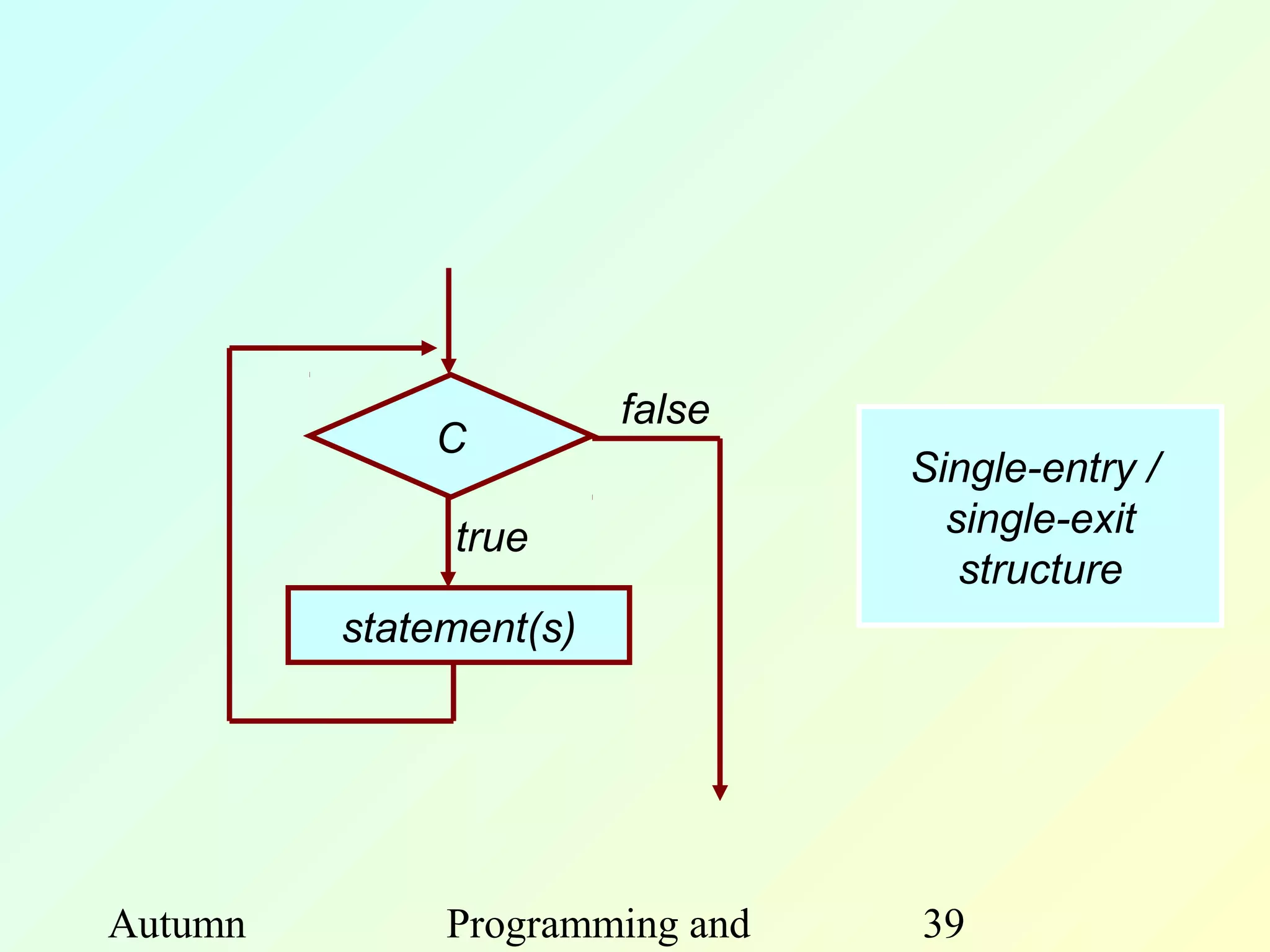 false
             C
                                Single-entry /
              true                single-exit
                                   structure
         statement(s)




Autumn        Programming and   39
 