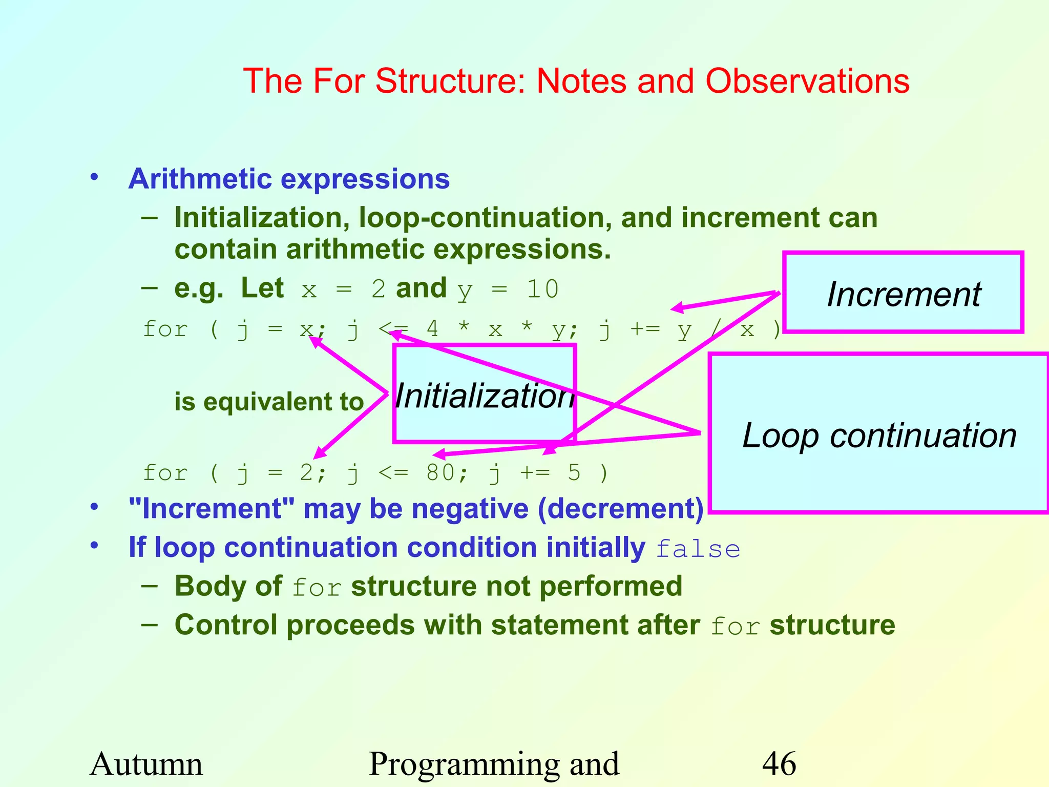 The For Structure: Notes and Observations

• Arithmetic expressions
   – Initialization, loop-continuation, and increment can
      contain arithmetic expressions.
   – e.g. Let x = 2 and y = 10                        Increment
   for ( j = x; j <= 4 * x * y; j += y / x )

      is equivalent to    Initialization
                                              Loop continuation
   for ( j = 2; j <= 80; j += 5 )
• "Increment" may be negative (decrement)
• If loop continuation condition initially false
    – Body of for structure not performed
    – Control proceeds with statement after for structure



Autumn                   Programming and       46
 