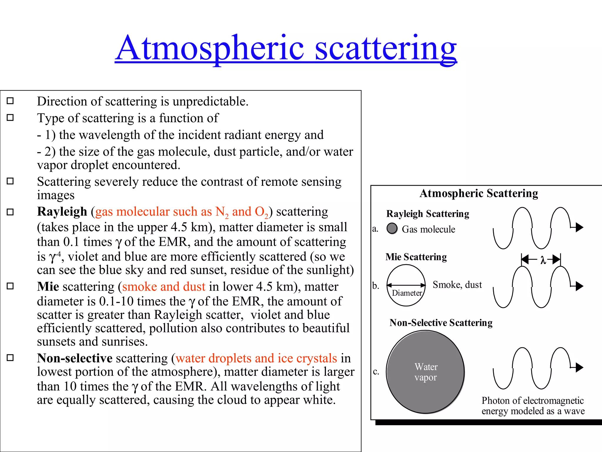Atmospheric scattering Direction of scattering is unpredictable.  Type of scattering is a function of  - 1) the wavelength of the incident radiant energy and  - 2) the size of the gas molecule, dust particle, and/or water vapor droplet encountered.  Scattering severely reduce the contrast of remote sensing images Rayleigh  ( gas molecular such as N 2  and O 2 ) scattering (takes place in the upper 4.5 km), matter diameter is small than 0.1 times    of the EMR, and the amount of scattering is   -4 , violet and blue are more efficiently scattered (so we can see the blue sky and red sunset, residue of the sunlight)  Mie  scattering ( smoke and dust  in lower 4.5 km), matter diameter is 0.1-10 times the    of the EMR, the amount of scatter is greater than Rayleigh scatter,  violet and blue efficiently scattered, pollution also contributes to beautiful sunsets and sunrises.  Non-selective  scattering ( water droplets and ice crystals  in lowest portion of the atmosphere), matter diameter is larger than 10 times the    of the EMR. All wavelengths of light are equally scattered, causing the cloud to appear white.  