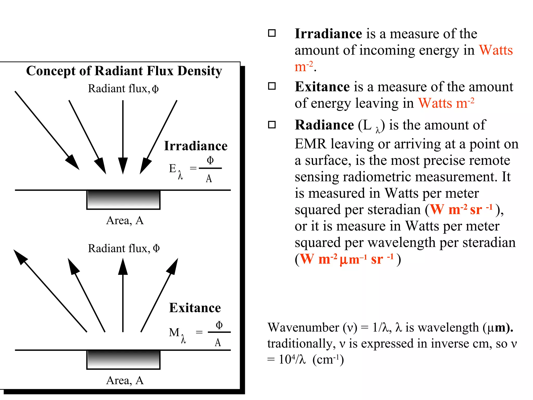 Irradiance  is a measure of the amount of incoming energy in  Watts m -2 .  Exitance  is a measure of the amount of energy leaving in  Watts m -2   Radiance  (L   ) is the amount of EMR leaving or arriving at a point on a surface, is the most precise remote sensing radiometric measurement. It is measured in Watts per meter squared per steradian ( W m -2  sr  -1   ), or it is measure in Watts per meter squared per wavelength per steradian ( W m -2   m –1   sr  -1   )  Wavenumber ( ν )  = 1/ λ ,  λ  is wavelength ( µ m).  traditionally,  ν  is expressed in inverse cm, so  ν  = 10 4 / λ   (cm -1 ) 
