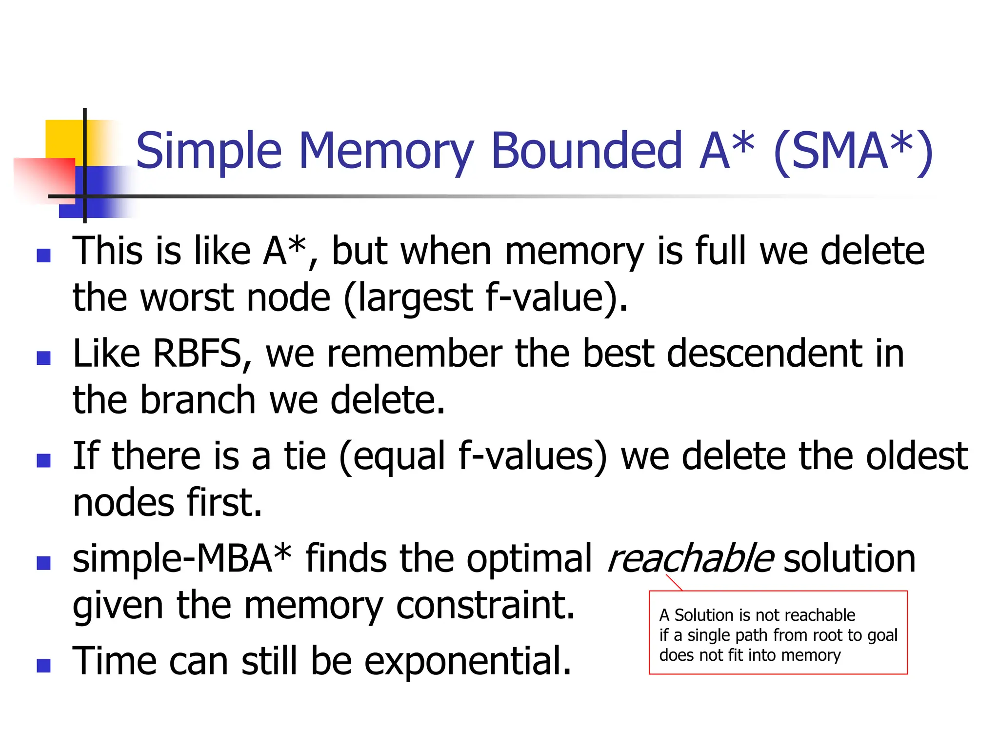 Simple Memory Bounded A* (SMA*)
 This is like A*, but when memory is full we delete
the worst node (largest f-value).
 Like RBFS, we remember the best descendent in
the branch we delete.
 If there is a tie (equal f-values) we delete the oldest
nodes first.
 simple-MBA* finds the optimal reachable solution
given the memory constraint.
 Time can still be exponential.
A Solution is not reachable
if a single path from root to goal
does not fit into memory
 