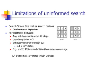 Limitations of uninformed search
 Search Space Size makes search tedious
 Combinatorial Explosion
 For example, 8-puzzle
 Avg. solution cost is about 22 steps
 branching factor ~ 3
 Exhaustive search to depth 22:
 3.1 x 1010 states
 E.g., d=12, IDS expands 3.6 million states on average
[24 puzzle has 1024 states (much worse)]
 