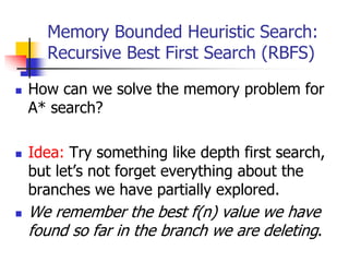 Memory Bounded Heuristic Search:
Recursive Best First Search (RBFS)
 How can we solve the memory problem for
A* search?
 Idea: Try something like depth first search,
but let’s not forget everything about the
branches we have partially explored.
 We remember the best f(n) value we have
found so far in the branch we are deleting.
 