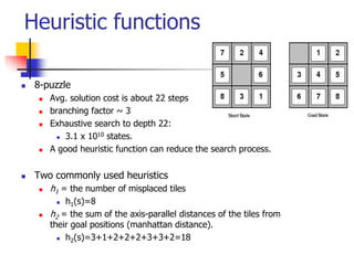 Heuristic functions
 8-puzzle
 Avg. solution cost is about 22 steps
 branching factor ~ 3
 Exhaustive search to depth 22:
 3.1 x 1010 states.
 A good heuristic function can reduce the search process.
 Two commonly used heuristics
 h1 = the number of misplaced tiles
 h1(s)=8
 h2 = the sum of the axis-parallel distances of the tiles from
their goal positions (manhattan distance).
 h2(s)=3+1+2+2+2+3+3+2=18
 