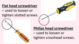Flat head screwdriver
– used to loosen or
tighten slotted screws.
Philips head screwdriver
– used to loosen or
tighten crosshead screws.
 