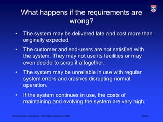 What happens if the requirements are wrong?The system may be delivered late and cost more than originally expected.The customer and end-users are not satisfied with the system. They may not use its facilities or may even decide to scrap it altogether.The system may be unreliable in use with regular system errors and crashes disrupting normal operation.If the system continues in use, the costs of maintaining and evolving the system are very high.