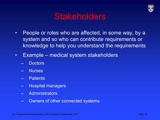 Stakeholders
  •       People or roles who are affected, in some way, by a
          system and so who can contribute requirements or
          knowledge to help you understand the requirements
  •       Example – medical system stakeholders
        –       Doctors
        –       Nurses
        –       Patients
        –       Hospital managers
        –       Administrators
        –       Owners of other connected systems

L3 - Requirements Engineering, Critical Systems Engineering, 2011   Slide 10
 