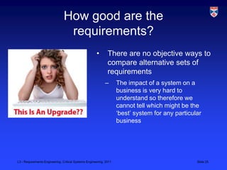 How good are the
                                 requirements?
                                                      •       There are no objective ways to
                                                              compare alternative sets of
                                                              requirements
                                                            –       The impact of a system on a
                                                                    business is very hard to
                                                                    understand so therefore we
                                                                    cannot tell which might be the
                                                                    „best‟ system for any particular
                                                                    business




L3 - Requirements Engineering, Critical Systems Engineering, 2011                                 Slide 25
 