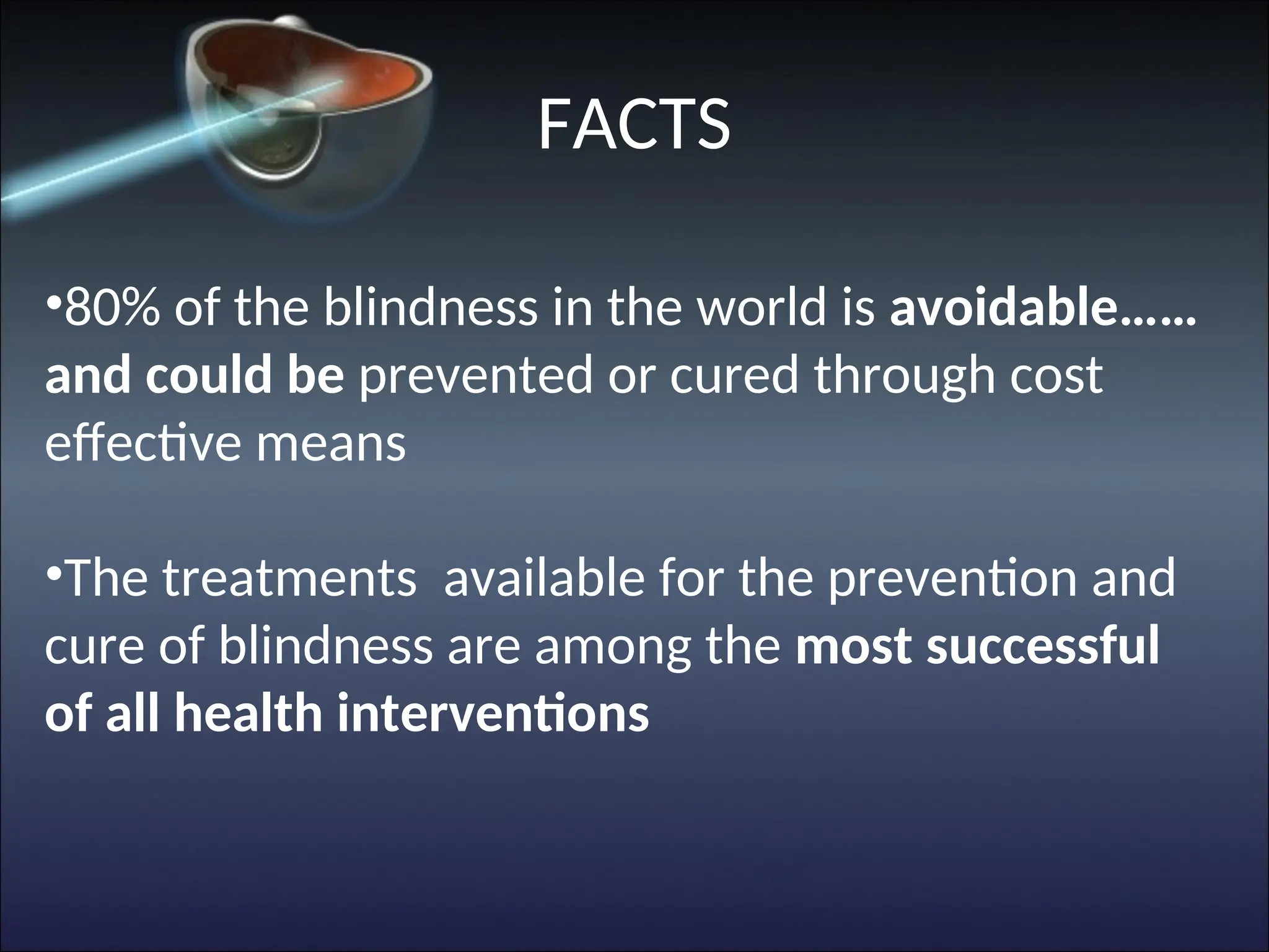 •80% of the blindness in the world is avoidable……
and could be prevented or cured through cost
effective means
•The treatments available for the prevention and
cure of blindness are among the most successful
of all health interventions
FACTS
 