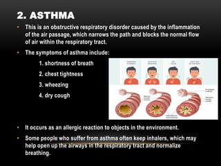 • This is an obstructive respiratory disorder caused by the inflammation
of the air passage, which narrows the path and blocks the normal flow
of air within the respiratory tract.
• The symptoms of asthma include:
1. shortness of breath
2. chest tightness
3. wheezing
4. dry cough
• It occurs as an allergic reaction to objects in the environment.
• Some people who suffer from asthma often keep inhalers, which may
help open up the airways in the respiratory tract and normalize
breathing.
2. ASTHMA
 