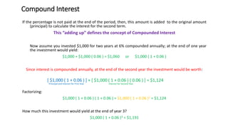 Compound Interest
If the percentage is not paid at the end of the period, then, this amount is added to the original amount
(principal) to calculate the interest for the second term.
This “adding up” defines the concept of Compounded Interest
Now assume you invested $1,000 for two years at 6% compounded annually; at the end of one year
the investment would yield:
$1,000 + $1,000 ( 0.06 ) = $1,060 or $1,000 ( 1 + 0.06 )
Since interest is compounded annually, at the end of the second year the investment would be worth:
[ $1,000 ( 1 + 0.06 ) ] + [ $1,000 ( 1 + 0.06 ) ( 0.06 ) ] = $1,124
Principal and Interest for First Year Interest for Second Year
Factorizing:
$1,000 ( 1 + 0.06 ) ( 1 + 0.06 ) = $1,000 ( 1 + 0.06 )2 = $1,124
How much this investment would yield at the end of year 3?
$1,000 ( 1 + 0.06 )3 = $1,191
 