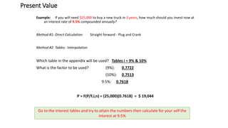 Present Value
Example: If you will need $25,000 to buy a new truck in 3 years, how much should you invest now at
an interest rate of 9.5% compounded annually?
Method #1: Direct Calculation: Straight forward - Plug and Crank
Method #2: Tables: Interpolation
Which table in the appendix will be used? Tables i = 9% & 10%
What is the factor to be used? (9%): 0.7722
(10%): 0.7513
9.5%: 0.7618
P = F(P/F,i,n) = (25,000)(0.7618) = $ 19,044
Go to the interest tables and try to attain the numbers then calculate for your self the
interest at 9.5%
 