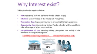 Why Interest exist?
Taking the lender’s point of view:
• Risk: Possibility that the borrower will be unable to pay
• Inflation: Money repaid in the future will “value” less
• Transaction Cost: Expenses incurred in preparing the loan agreement
• Opportunity Cost: Committing limited funds, a lender will be unable to
take advantage of other opportunities.
• Postponement of Use: Lending money, postpones the ability of the
lender to use or purchase goods.
From the borrowers perspective …. Interest represents a cost !
 