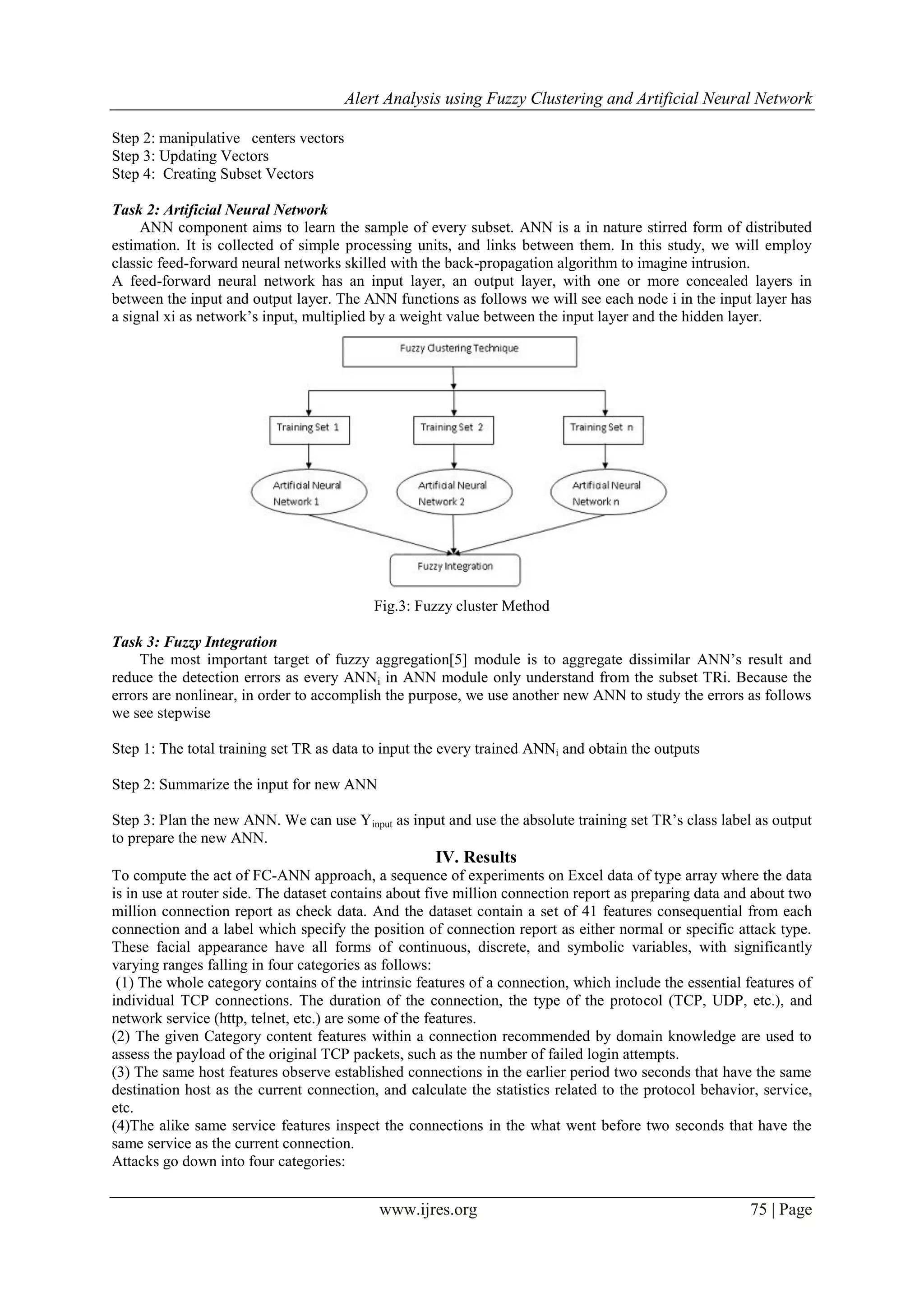 Alert Analysis using Fuzzy Clustering and Artificial Neural Network
www.ijres.org 75 | Page
Step 2: manipulative centers vectors
Step 3: Updating Vectors
Step 4: Creating Subset Vectors
Task 2: Artificial Neural Network
ANN component aims to learn the sample of every subset. ANN is a in nature stirred form of distributed
estimation. It is collected of simple processing units, and links between them. In this study, we will employ
classic feed-forward neural networks skilled with the back-propagation algorithm to imagine intrusion.
A feed-forward neural network has an input layer, an output layer, with one or more concealed layers in
between the input and output layer. The ANN functions as follows we will see each node i in the input layer has
a signal xi as network’s input, multiplied by a weight value between the input layer and the hidden layer.
Fig.3: Fuzzy cluster Method
Task 3: Fuzzy Integration
The most important target of fuzzy aggregation[5] module is to aggregate dissimilar ANN’s result and
reduce the detection errors as every ANNi in ANN module only understand from the subset TRi. Because the
errors are nonlinear, in order to accomplish the purpose, we use another new ANN to study the errors as follows
we see stepwise
Step 1: The total training set TR as data to input the every trained ANNi and obtain the outputs
Step 2: Summarize the input for new ANN
Step 3: Plan the new ANN. We can use Yinput as input and use the absolute training set TR’s class label as output
to prepare the new ANN.
IV. Results
To compute the act of FC-ANN approach, a sequence of experiments on Excel data of type array where the data
is in use at router side. The dataset contains about five million connection report as preparing data and about two
million connection report as check data. And the dataset contain a set of 41 features consequential from each
connection and a label which specify the position of connection report as either normal or specific attack type.
These facial appearance have all forms of continuous, discrete, and symbolic variables, with significantly
varying ranges falling in four categories as follows:
(1) The whole category contains of the intrinsic features of a connection, which include the essential features of
individual TCP connections. The duration of the connection, the type of the protocol (TCP, UDP, etc.), and
network service (http, telnet, etc.) are some of the features.
(2) The given Category content features within a connection recommended by domain knowledge are used to
assess the payload of the original TCP packets, such as the number of failed login attempts.
(3) The same host features observe established connections in the earlier period two seconds that have the same
destination host as the current connection, and calculate the statistics related to the protocol behavior, service,
etc.
(4)The alike same service features inspect the connections in the what went before two seconds that have the
same service as the current connection.
Attacks go down into four categories:
 