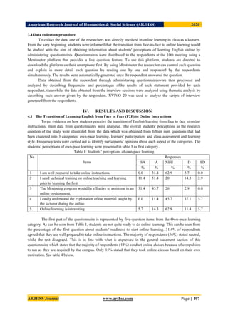 American Research Journal of Humanities & Social Science (ARJHSS)R) 2020
ARJHSS Journal www.arjhss.com Page | 107
3.4 Data collection procedure
To collect the data, one of the researchers was directly involved in online learning in class as a lecturer.
From the very beginning, students were informed that the transition from face-to-face to online learning would
be studied with the aim of obtaining information about students' perceptions of learning English online by
administering questionnaires. Questionnaires were distributed to the respondents at the 10th meeting using a
Mentimeter platform that provides a live question feature. To use this platform, students are directed to
download the platform on their smartphone first. By using Mentimeter the researcher can control each question
and explain in more detail each question by reading one by one and responded by the respondents
simultaneously. The results were automatically generated once the respondent answered the question.
Data obtained from the respondent through administering questionnaireswere then processed and
analyzed by describing frequencies and percentages ofthe results of each statement provided by each
respondent.Meanwhile, the data obtained from the interview sessions were analyzed using thematic analysis by
describing each answer given by the respondent. NVIVO 20 was used to analyse the scripts of interview
generated from the respondents.
IV. RESULTS AND DISCUSSION
4.1 The Transition of Learning English from Face to Face (F2F) to Online Instructions
To get evidence on how students perceive the transition of English learning from face to face to online
instructions, main data from questionnaires were analyzed. The overall students' perceptions as the research
question of the study were illustrated from the data which was obtained from fifteen item questions that had
been clustered into 3 categories; own-pace learning, learners' participation, and class assessment and learning
style. Frequency tests were carried out to identify participants’ opinions about each aspect of the categories. The
students’ perceptions of own-pace learning were presented in table 3 as first category..
Table 1: Students’ perceptions of own-pace learning
No
Items
Responses
SA A NEU D SD
% % % % %
1 I am well prepared to take online instructions. 0.0 31.4 62.9 5.7 0.0
2 I need technical training on online teaching and learning
prior to learning the first
11.4 51.4 20 14.3 2.9
3 The Mentoring program would be effective to assist me in an
online environment.
31.4 45.7 20 2.9 0.0
4 I easily understand the explanation of the material taught by
the lecturer during the online.
0.0 11.4 45.7 37.1 5.7
5. Online learning is interesting 5.7 14.3 62.9 11.4 5.7
The first part of the questionnaire is represented by five-question items from the Own-pace learning
category. As can be seen from Table 1, students are not quite ready to do online learning. This can be seen from
the percentage of the first question about students' readiness to start online learning. 31.4% of respondents
agreed that they are well prepared to take online instructions. The majority of respondents (56%) stated neutral,
while the rest disagreed. This is in line with what is expressed in the general statement section of this
questionnaire which states that the majority of respondents (44%) conduct online classes because of compulsion
to run as they are required by the campus. Only 15% stated that they took online classes based on their own
motivation. See table 4 below.
 