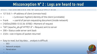 Misconception N° 2 : Logs are heard to read
» 127.0.0.1 = IP address of client (remote host)
» – = (unknown: hyphen) ident...