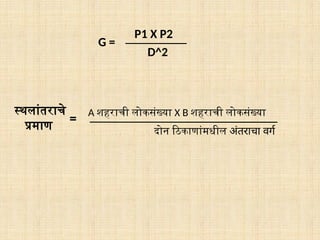 P1 X P2
D^2
G =
A शहराची लोकसंख्या X B शहराची लोकसंख्या
स्थलांतराचे
प्रमाण
=
दोन ठिकाणांमधील अंतराचा वर्ग
 