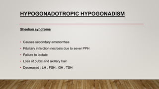 HYPOGONADOTROPIC HYPOGONADISM
Sheehan syndrome
• Causes secondary amenorrhea
• Pituitary infarction necrosis due to sever PPH
• Failure to lactate
• Loss of pubic and axillary hair
• Decreased : LH , FSH , GH , TSH
 