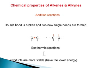 Chemical properties of Alkenes & Alkynes
Addition reactions
Double bond is broken and two new single bonds are formed.
Exothermic reactions
–C = C – – C – C–
Products are more stable (have the lower energy).
 