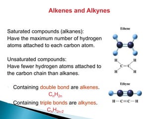 Saturated compounds (alkanes):
Have the maximum number of hydrogen
atoms attached to each carbon atom.
Unsaturated compounds:
Have fewer hydrogen atoms attached to
the carbon chain than alkanes.
• Containing double bond are alkenes.
CnH2n
• Containing triple bonds are alkynes.
CnH2n-2
Alkenes and Alkynes
 