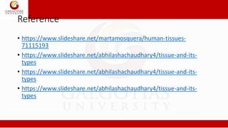 Reference
• https://www.slideshare.net/martamosquera/human-tissues-
71115193
• https://www.slideshare.net/abhilashachaudhary4/tissue-and-its-
types
• https://www.slideshare.net/abhilashachaudhary4/tissue-and-its-
types
• https://www.slideshare.net/abhilashachaudhary4/tissue-and-its-
types
 