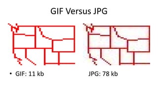 GIF Versus JPG
• GIF: 11 kb JPG: 78 kb
 