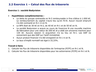 20
L3 CCA Finance d’Entreprise
Exercice 1 : société Bodyvision
• Hypothèses complémentaires :
• La dette du groupe contractée en N-2 remboursable in fine s’élève à 1.000 k€.
Le remboursement du capital n’aura lieu qu’en N+8. Aucun nouvel emprunt
n’a été contracté en N-1 ni en N.
• Le BFR était de 30 k€ en N-2, de 40 k€ en N-1 et de 50 k€ en N.
• La société Bodyvision a acquis au cours de l’exercice N une nouvelle machine
de fabrication pour une valeur de 200 k€ et a cédé son ancienne machine pour
120 k€. Aucune cession ni acquisition n’a eu lieu en N-1. Les DAP ne
concernent que des DAP sur l’actif immobilisé.
• Aucun produit financier n’a été enregistré en N-1 ni en N.
• Le taux d’impôt normatif est égal à 33,33%.
Travail à faire
1. Calculer les flux de trésorerie disponibles de l’entreprise (FCFF) en N-1 et N.
2. Calculer les flux de trésorerie disponibles pour les actionnaires (FCFE) en N-1 et N.
2.2 Exercice 1 – Calcul des flux de trésorerie
 