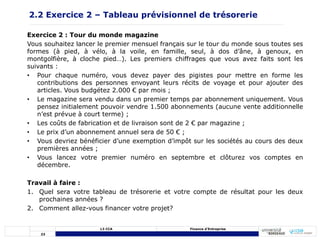 23
L3 CCA Finance d’Entreprise
Exercice 2 : Tour du monde magazine
Vous souhaitez lancer le premier mensuel français sur le tour du monde sous toutes ses
formes (à pied, à vélo, à la voile, en famille, seul, à dos d’âne, à genoux, en
montgolfière, à cloche pied…). Les premiers chiffrages que vous avez faits sont les
suivants :
• Pour chaque numéro, vous devez payer des pigistes pour mettre en forme les
contributions des personnes envoyant leurs récits de voyage et pour ajouter des
articles. Vous budgétez 2.000 € par mois ;
• Le magazine sera vendu dans un premier temps par abonnement uniquement. Vous
pensez initialement pouvoir vendre 1.500 abonnements (aucune vente additionnelle
n’est prévue à court terme) ;
• Les coûts de fabrication et de livraison sont de 2 € par magazine ;
• Le prix d’un abonnement annuel sera de 50 € ;
• Vous devriez bénéficier d’une exemption d’impôt sur les sociétés au cours des deux
premières années ;
• Vous lancez votre premier numéro en septembre et clôturez vos comptes en
décembre.
Travail à faire :
1. Quel sera votre tableau de trésorerie et votre compte de résultat pour les deux
prochaines années ?
2. Comment allez-vous financer votre projet?
2.2 Exercice 2 – Tableau prévisionnel de trésorerie
 